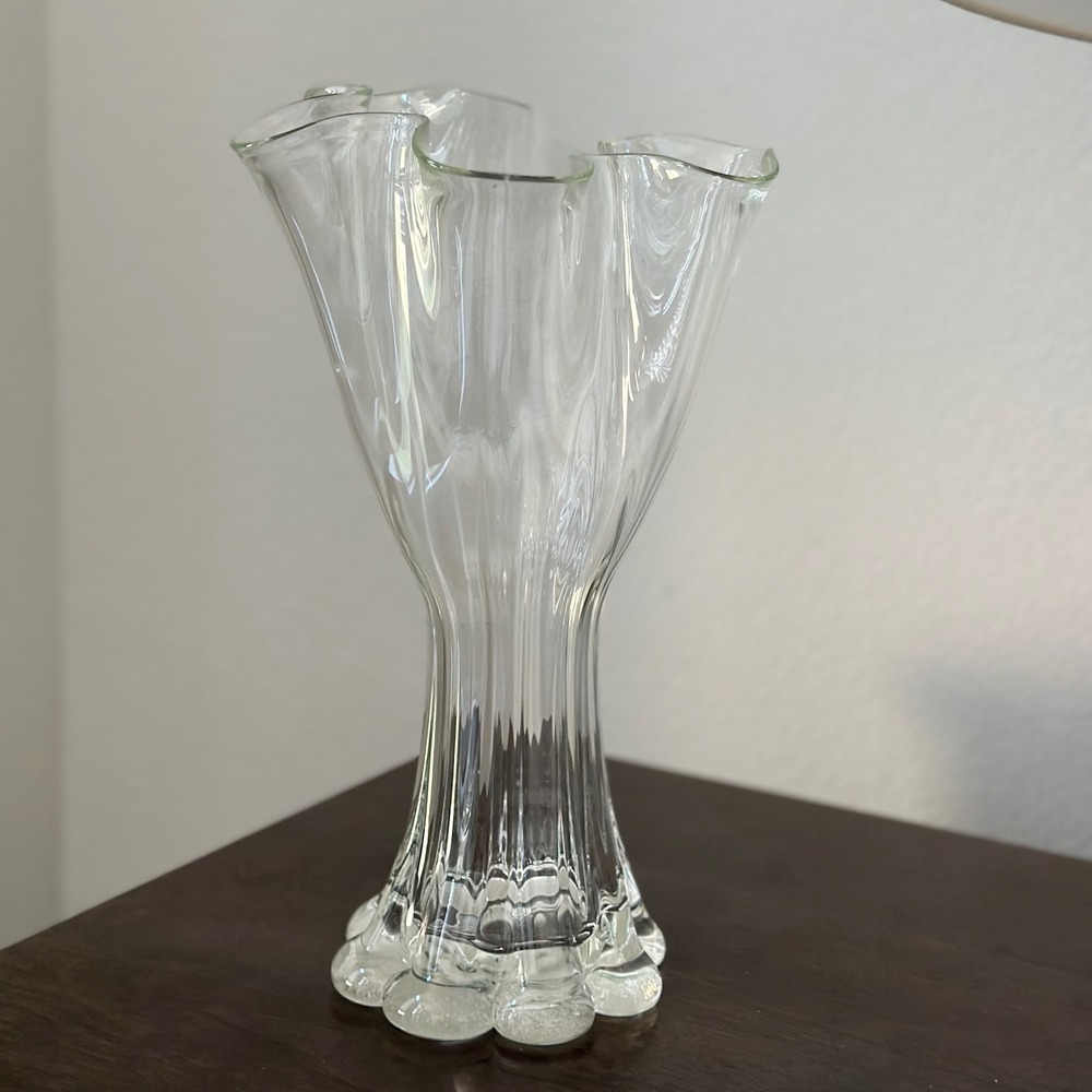 Handmade Clear Glass Vase Mid Century‎ Italian Murano Look Ruffled Top